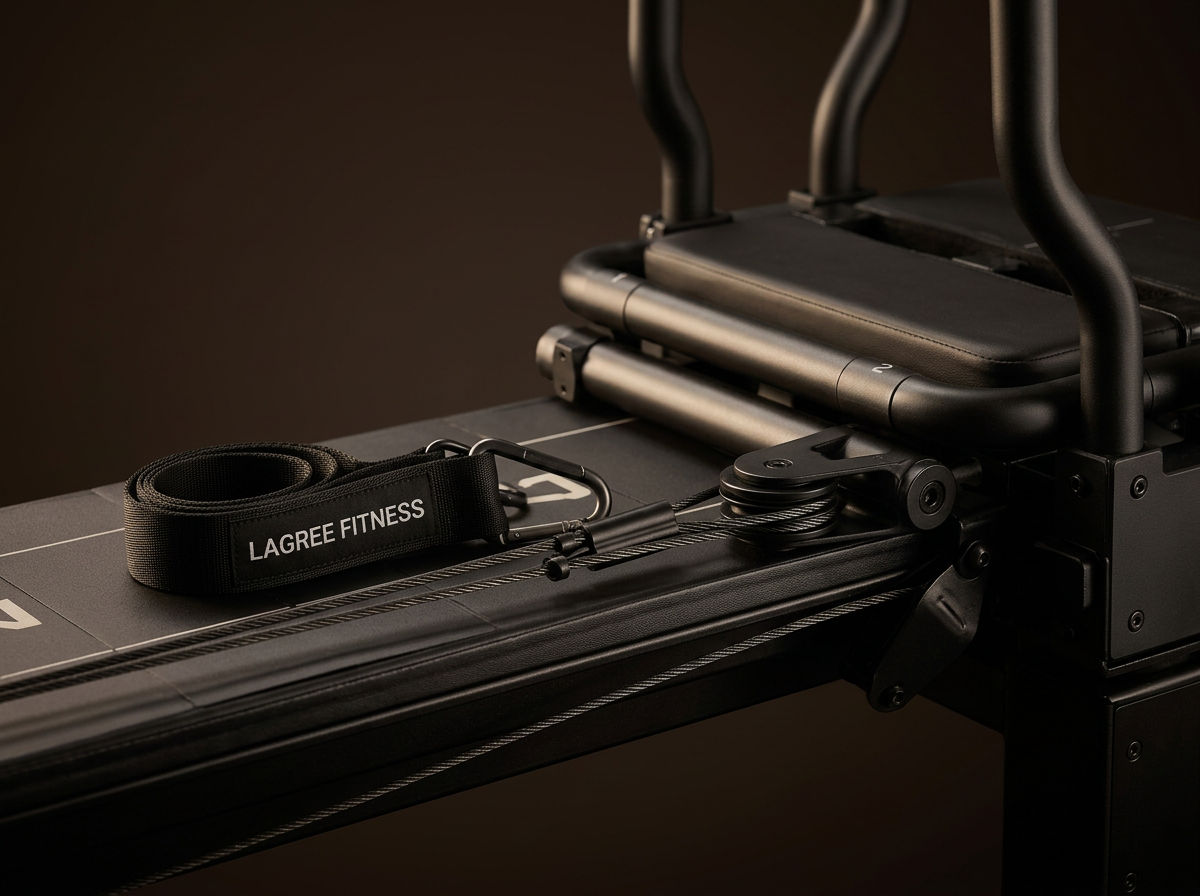 Close-up of a Lagree Mini Pro carriage with cables and handles.