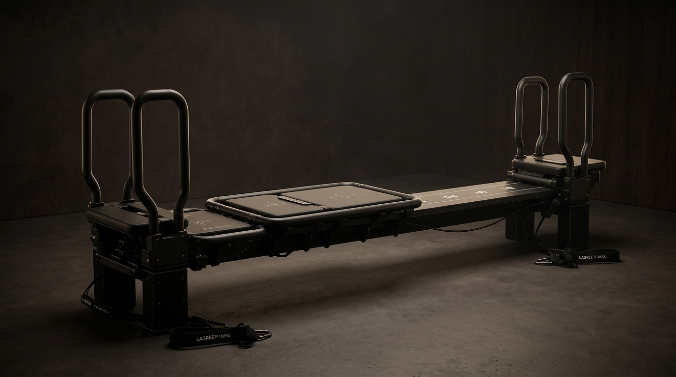 Lagree Mini Pro machine in a dark, geometric boutique studio room.